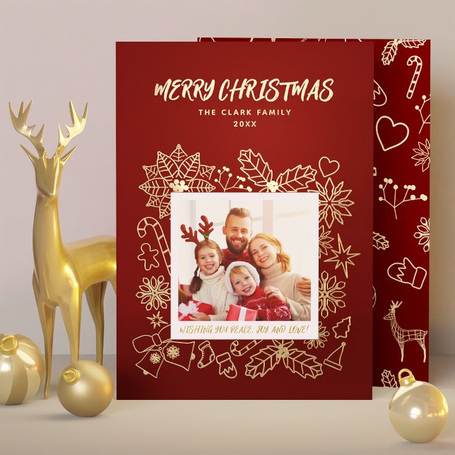 Carte De Vœux En Aluminium Simple élégante famille 1 cadre photo en rouge fon (Simple Elegant Family 1 Photo Frame in Dark Red Foil Holiday Card)