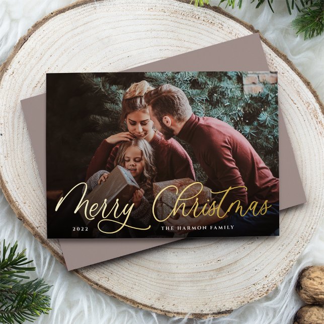 Carte De Vœux En Aluminium Simple Gold Script superposition Joyeux Noël photo (Créateur téléchargé)