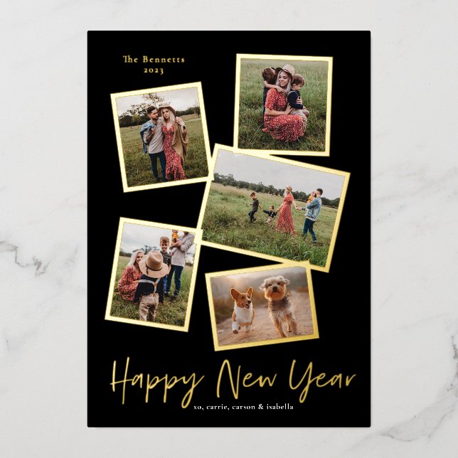 Carte De Vœux En Aluminium Simple Script New Year 5 Photo Collage (Recto)