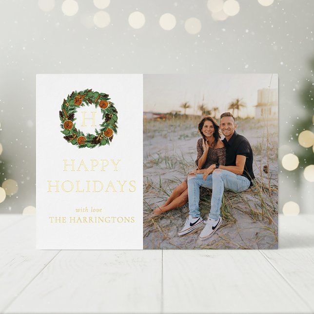 Carte De Vœux En Aluminium Simple une photo Monogramme Wreath Gold (Créateur téléchargé)