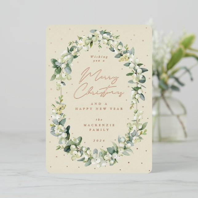 Carte De Vœux En Aluminium Snowberry + Eucalyptus cadre botanique Noël (Debout devant)