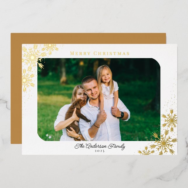 Carte De Vœux En Aluminium Snowflakes de Noël Horizontal Photo Gold (Recto/Verso)