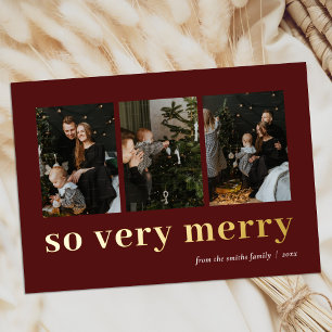 Carte De Vœux En Aluminium So Very Merry Red Gold Modern 3 Photo Collage