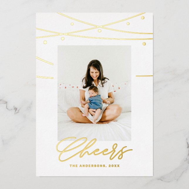 Carte De Vœux En Aluminium Soirée minimaliste en or | Photo du Nouvel An (Recto)