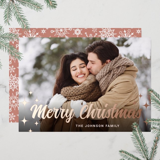 Carte De Vœux En Aluminium Sparkel Noël PHOTO Salutation Rose Gold (Customizable Christmas holiday greeting photo card with real foil print.)