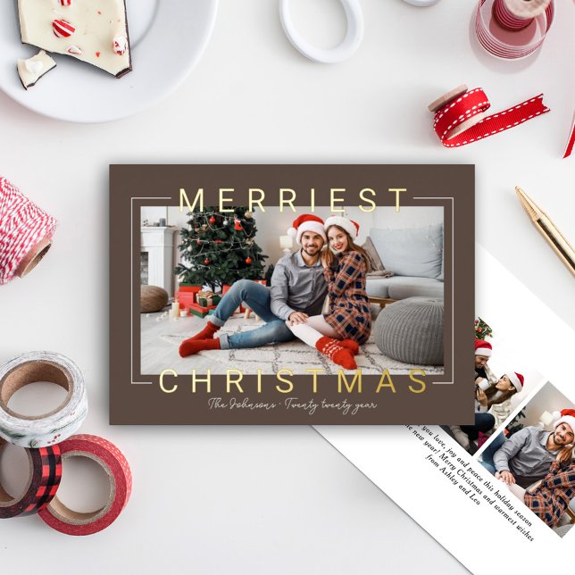 Carte De Vœux En Aluminium Texte doré moderne de Noël marron Photo (Créateur téléchargé)