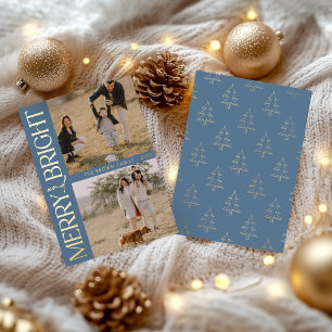 Carte De Vœux En Aluminium Texte "Merry and Bright" avec photo simple bleue