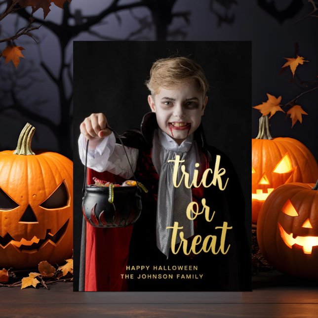 Carte De Vœux En Aluminium Tricoter Ou Traiter Halloween Photo Gold (Trick Or Treat Halloween Photo Gold Foil Holiday Card)