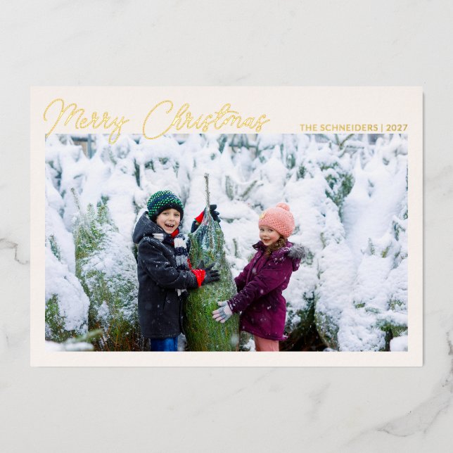 Carte De Vœux En Aluminium Trois photos Collage Gold Script Joyeux Noël (Recto)