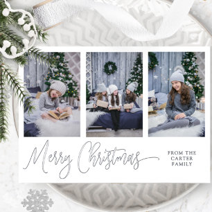 Carte De Vœux En Aluminium Trois photos, Joyeux Joyeux Script de Noël Argent