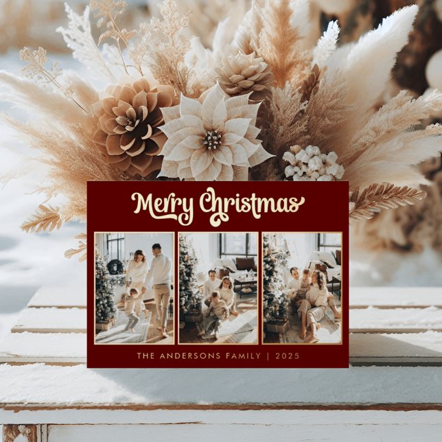 Carte De Vœux En Aluminium Trois photos minimum Bourgogne Rouge Joyeux Noël (Créateur téléchargé)