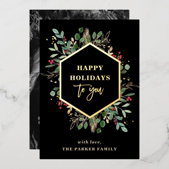 Carte De Vœux En Aluminium Verdure dorée Retour | Happy Holidays Gold (Recto/Verso)