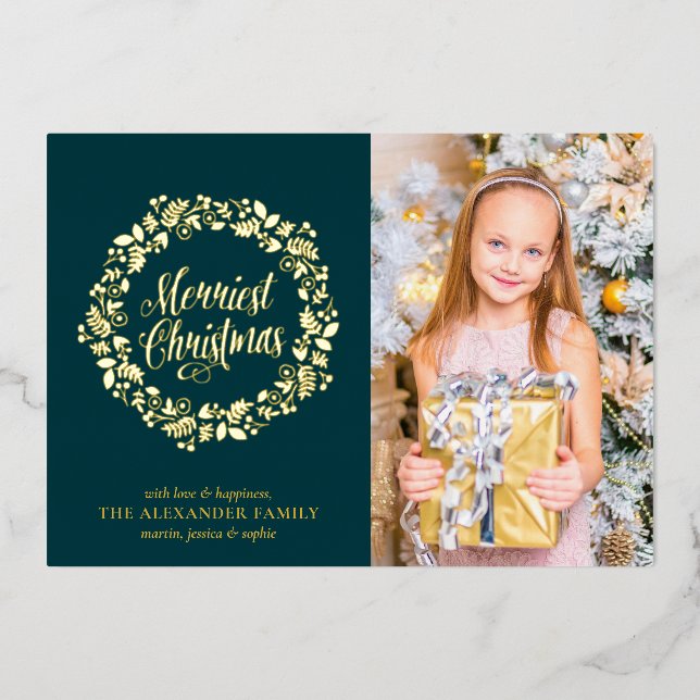 Carte De Vœux En Aluminium Vert chic avec photo de couronne de fêtes (Recto)