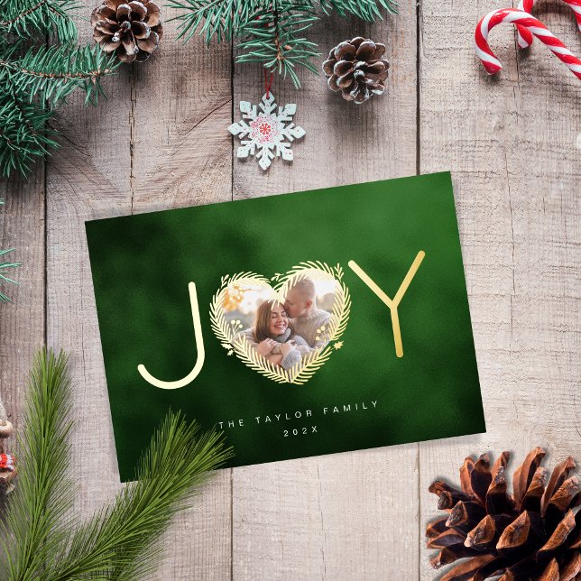 Carte De Vœux En Aluminium Vert moderne Joyful Christmas Heart Wreath Photo (Créateur téléchargé)