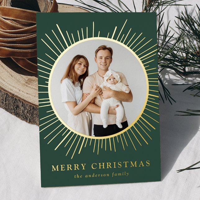Carte De Vœux En Aluminium Vert moderne Sunburst Joyeux Noël 2 Photo (Créateur téléchargé)