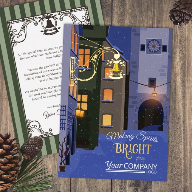 Carte De Vœux En Aluminium Ville bavaroise Lumières de neige Village (Nostalgic Blue Gold Company Holiday Greeting Cards Blue Rothenburg, German with Company Logo)