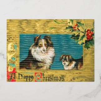 Carte De Vœux En Aluminium Vintage 1908 Collie Dogs Joyeux or de Noël