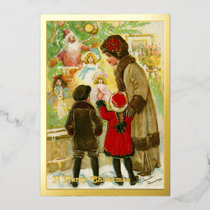 Carte De Vœux En Aluminium Vintage 1912 Mère et Enfant Joyeux Noël Or