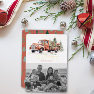 Carte De Vœux En Aluminium Vintage Camion Ferme Rouge Arbre de Noël Photo Bla