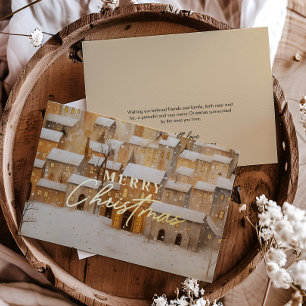 Carte De Vœux En Aluminium VRAI FOIL Gold Joyeux Noël Snowy Village