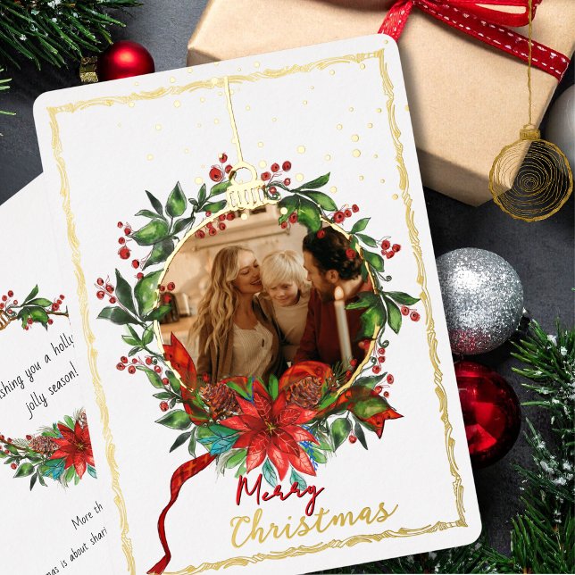 Carte De Vœux En Aluminium Watercolor Gold Foil Holly Wreath Photo Card  (Watercolor Gold Foil Holly Wreath Photo Card )