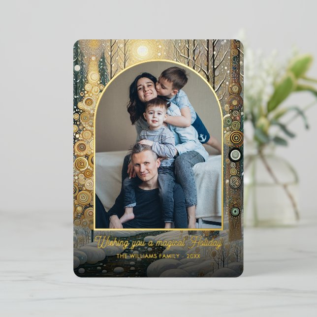 Carte De Vœux En Aluminium Whimsical Abstrait Winter Wonderland Art Gold (Debout devant)