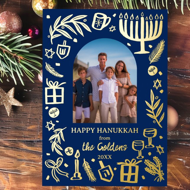 Carte De Vœux En Aluminium Whimsical HANOUKKA Cute Custom Photo OR (Whimsical HANUKKAH Cute Custom Photo GOLD Foil Doodle Scribble Holiday Card
)