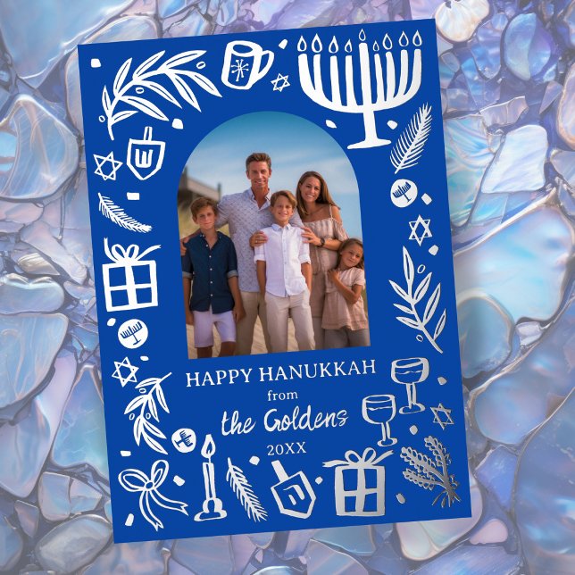 Carte De Vœux En Aluminium Whimsical HANOUKKA Cute Custom Photo SILVER (Whimsical HANUKKAH Cute Doodle Sketch Custom Photo SILVER Foil Holiday Card
)