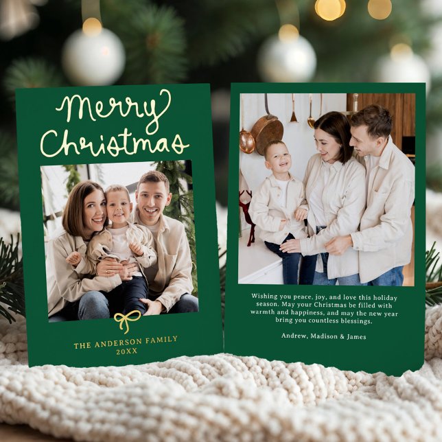 Carte De Vœux En Aluminium Whimsical Script Bow Green Christmas 2 Photo (Créateur téléchargé)