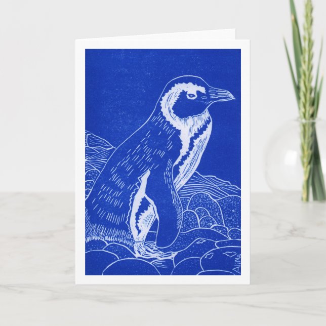 Carte de voeux en linocut bleu pingouin africain (Devant)
