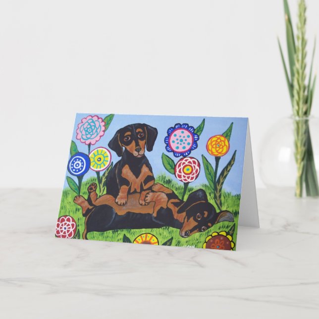 Carte de voeux espiègle de teckels (Devant)