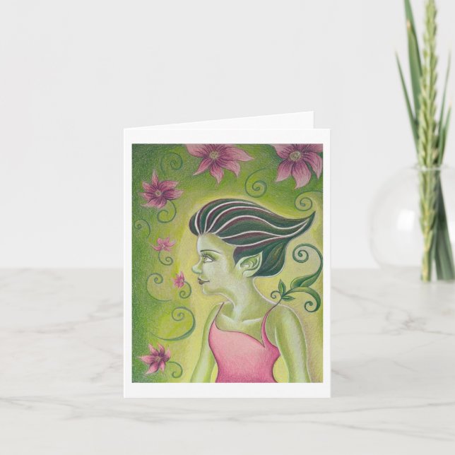 Carte de voeux Fée verte et Fleurs roses (Devant)