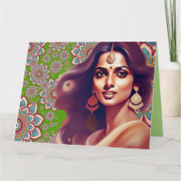 CARTE DE VOEUX FEMME INDIENNE DE L'EST MANDALA COL
