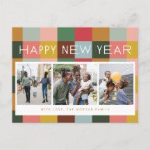 Carte de vœux festive à motifs à carreaux colorés