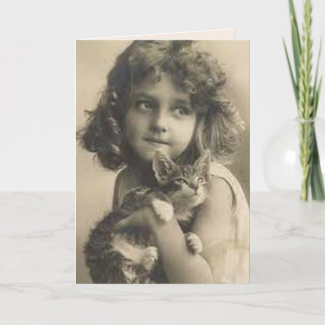 CARTE DE VOEUX FILLE ET CHAT RÉTRO ADORABLE (Devant)