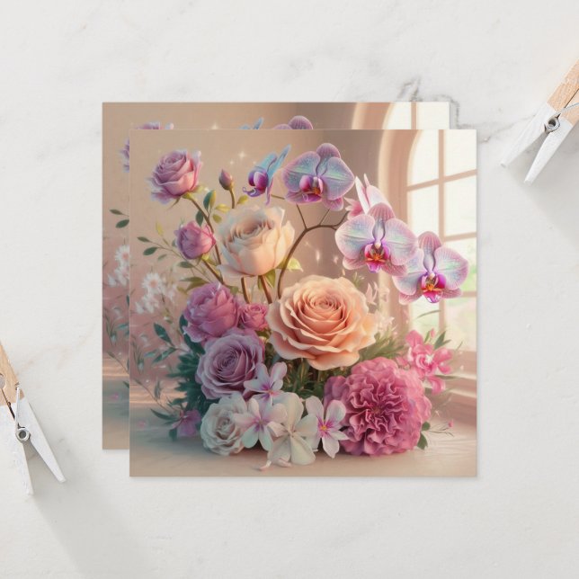Carte de voeux Fleurs de Printemps 3D avec Roses (Devant/Arrière en situation)