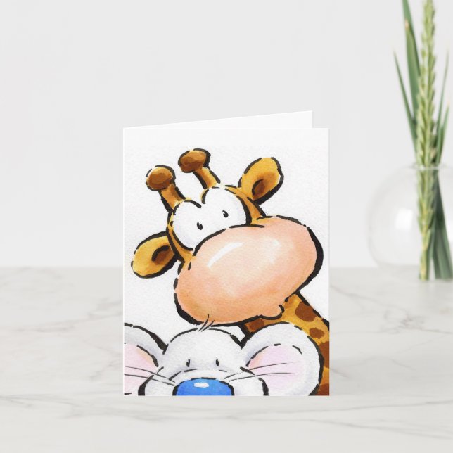 Carte de voeux, girafe et souris disant Salut (Devant)