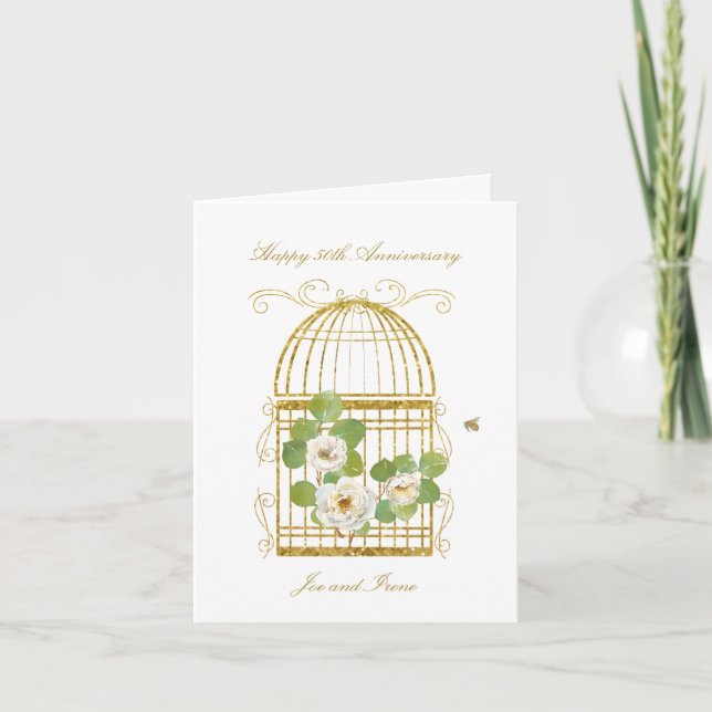Carte de voeux Gold Birdcage avec Roses Blanches (Devant)