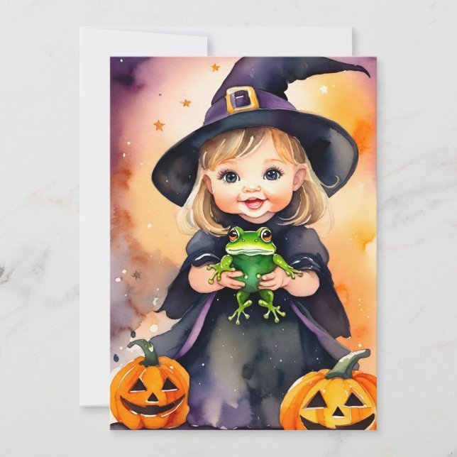 Carte de voeux Halloween jolie petite sorcière (Devant)