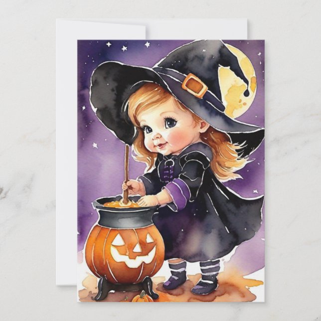 Carte de vœux Halloween Petite Sorcière Mignonne (Devant)