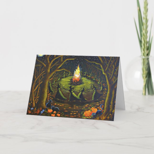 Carte de voeux Halloween, sorcières, four, étoiles (Devant)