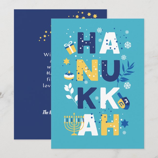 Carte de voeux HANOUKKA Chanukah Menorah Dreidel (Devant / Derrière)