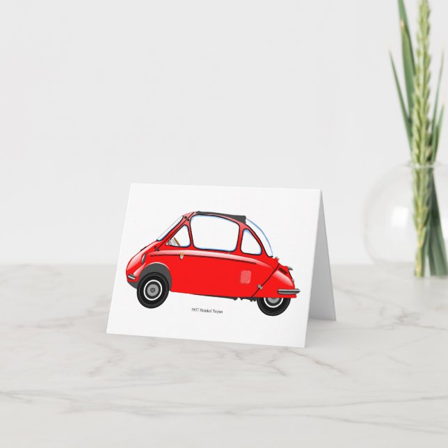 Carte de voeux Heinkel Trogan Bubble voiture. (Devant)
