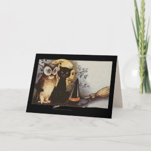 carte de vœux hibou et chat halloween