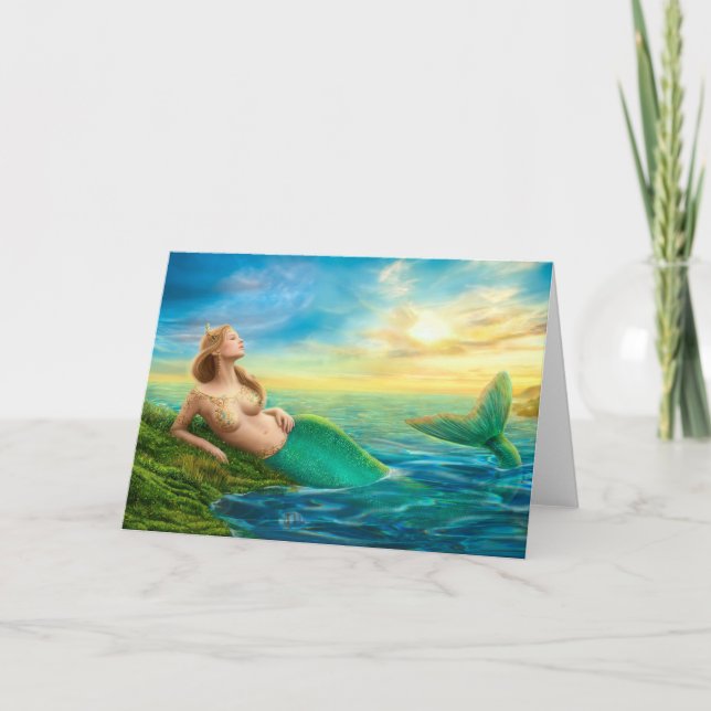Carte de voeux imaginaire sirène au coucher du sol (Devant)