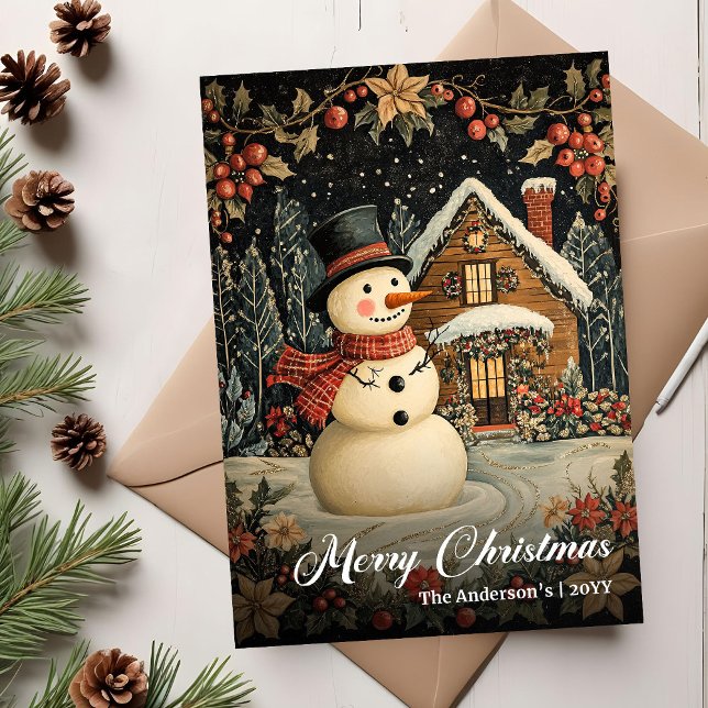 Carte de vœux imprimable rétro de Noël avec bonhom (Retro Christmas Snowman Printable Greeting Card)