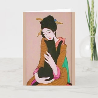 Carte de voeux japonaise Geisha et Black Cat