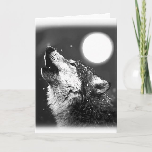 Carte de vœux Loup noir et blanc hurlant à la lune (Devant)