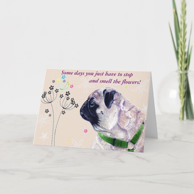 Carte de voeux mignonne de carlin et de fleurs (Devant)