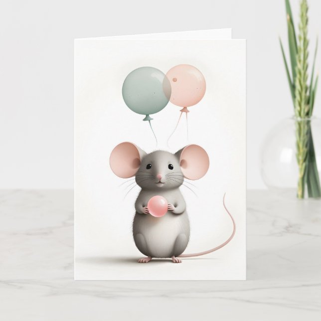 Carte de vœux minimale Boho Souris avec Ballons (Devant)
